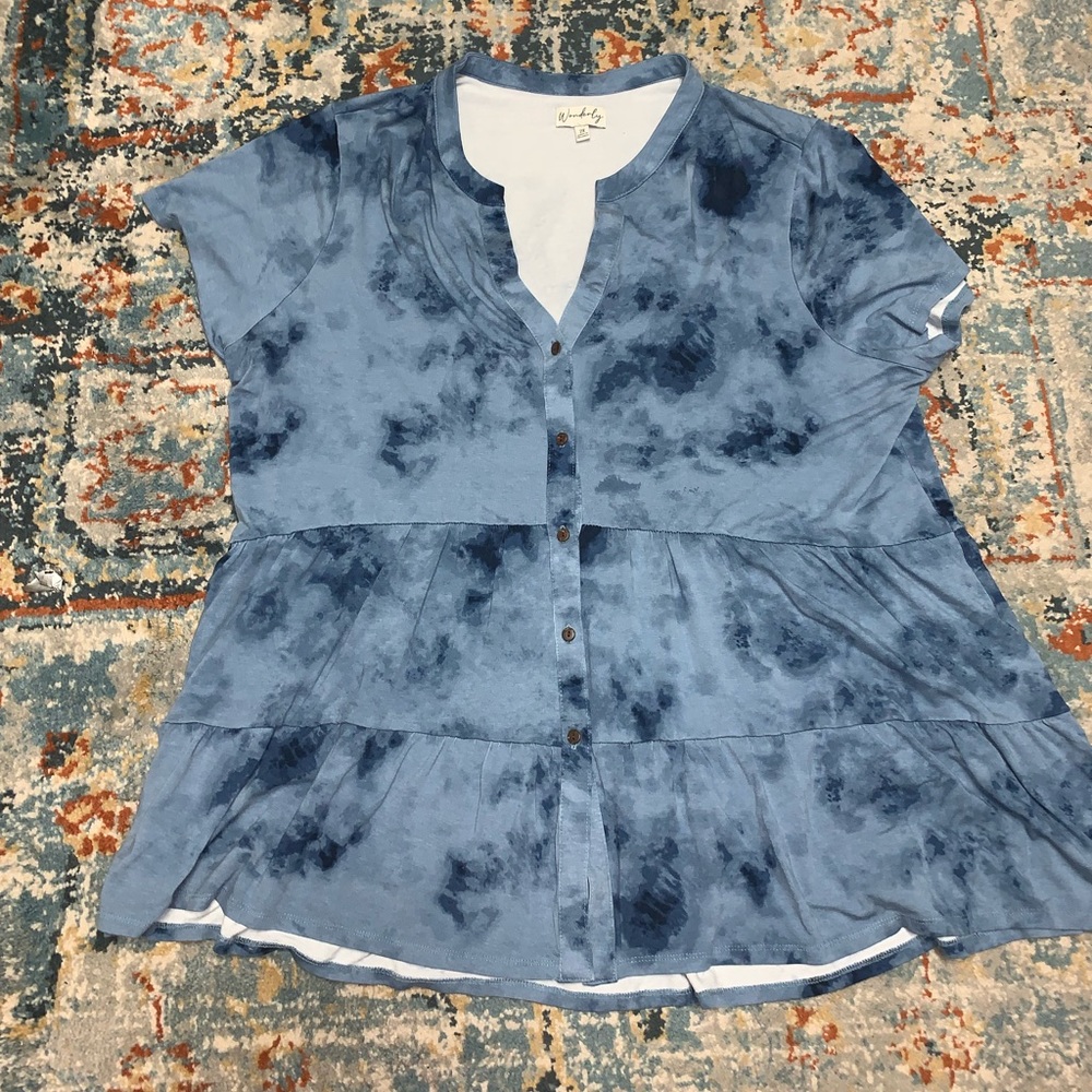 Blue tie dye button down blouse